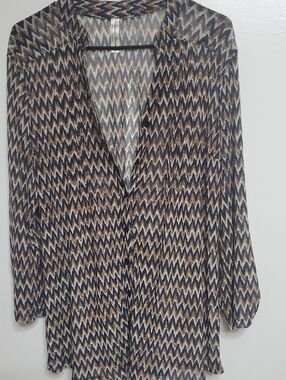 PerSeption Concept Blue and Tan Chevron Sheer Top Cover Blouse